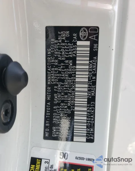 2019 Toyota Corolla L z USA, uszkodzony, nr VIN 2T1BURHE3KC201109